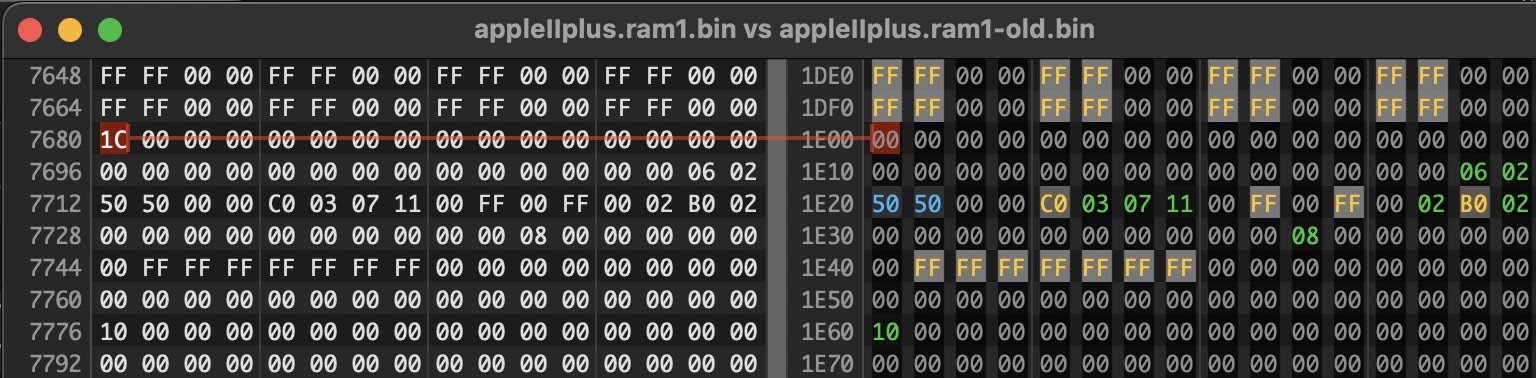 Comparing saved memory states in a hex editor.